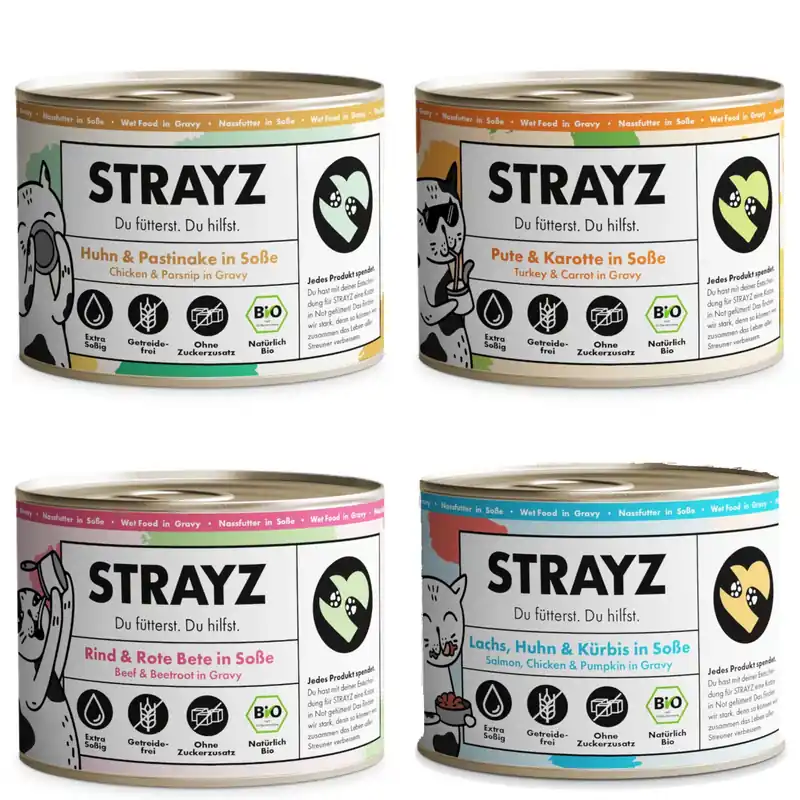 STRAYZ BIO våtfoder för katter 8 x 200 g – BIO provpack (4 sorter) | Utförsäljning