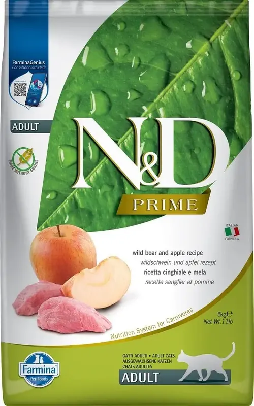 Skynda dig | FARMINA N&D Prime Boar & Apple kattfoder för vuxna, 5 kg, vildsvin kattfoder med äpple
